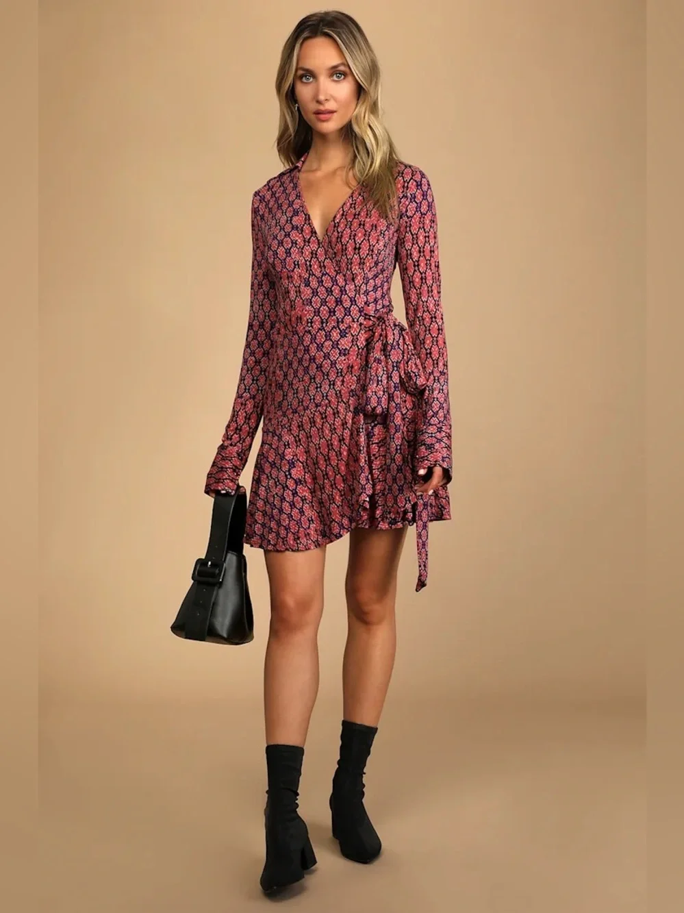 Free People Rhetta Rusty Rose Multi Print Mini Wrap Dress- Size XS